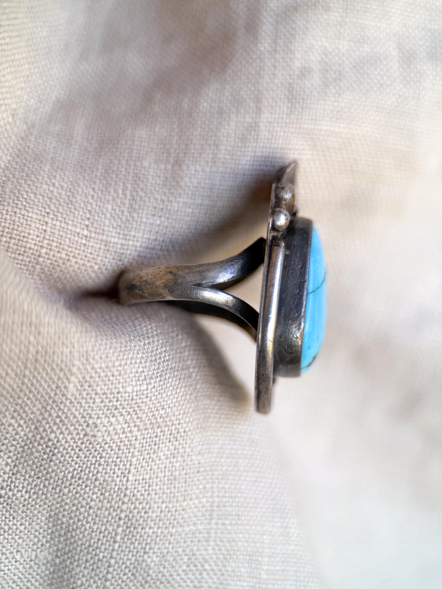 Vintage Sterling Silver Teardrop Turquoise Ring, Boho Scroll Statement Jewelry
