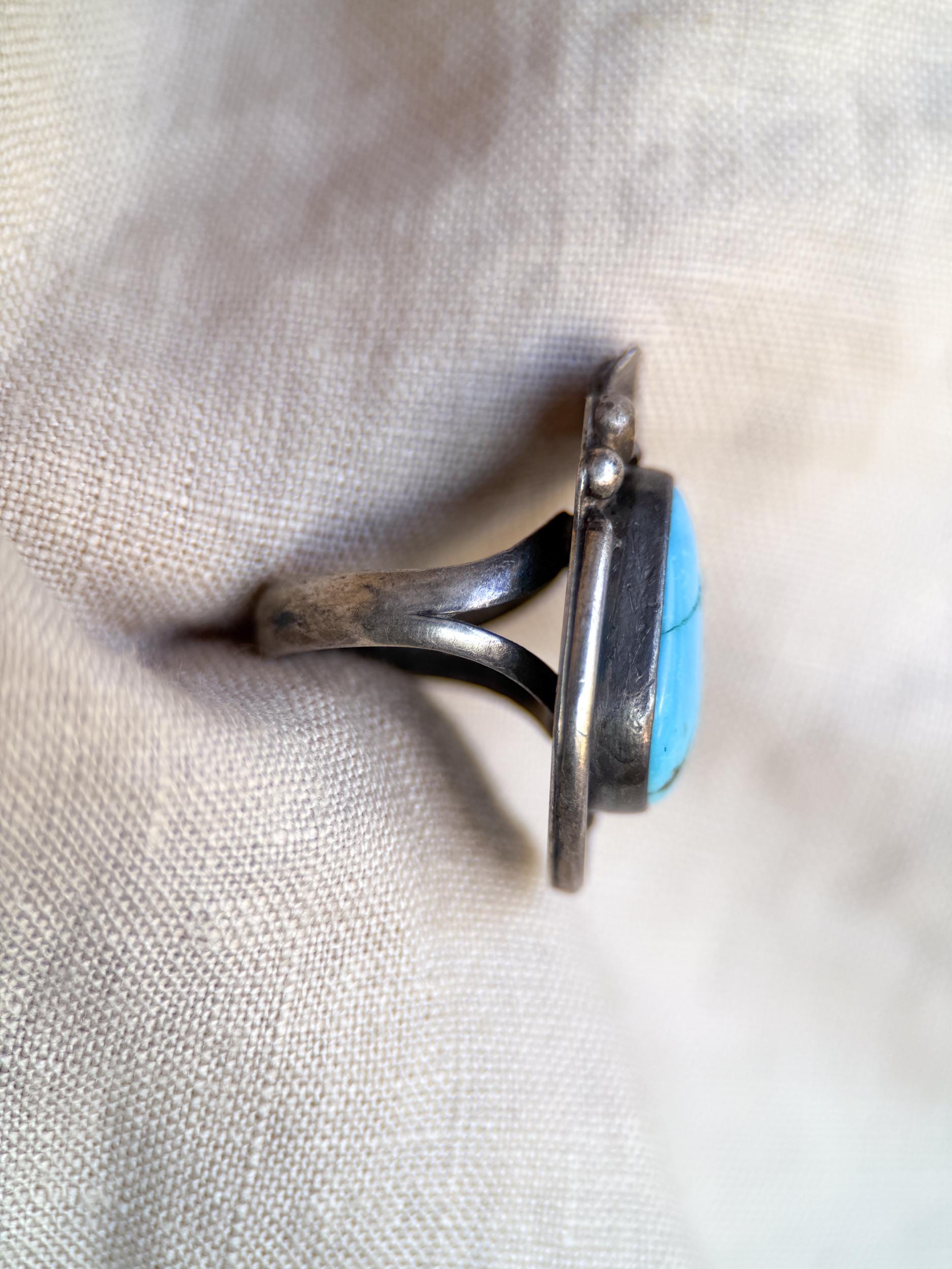 Vintage Sterling Silver Teardrop Turquoise Ring, Boho Scroll Statement Jewelry