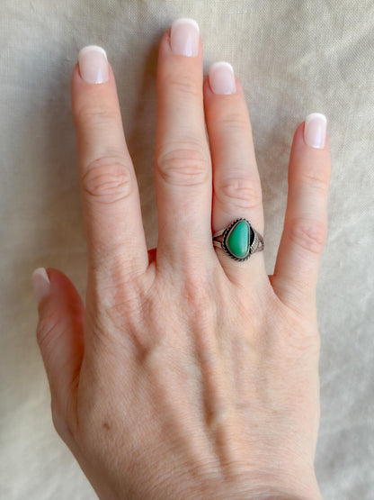 Vintage Sterling Silver Green Turquoise Teardrop Ring, Boho Statement Jewelry