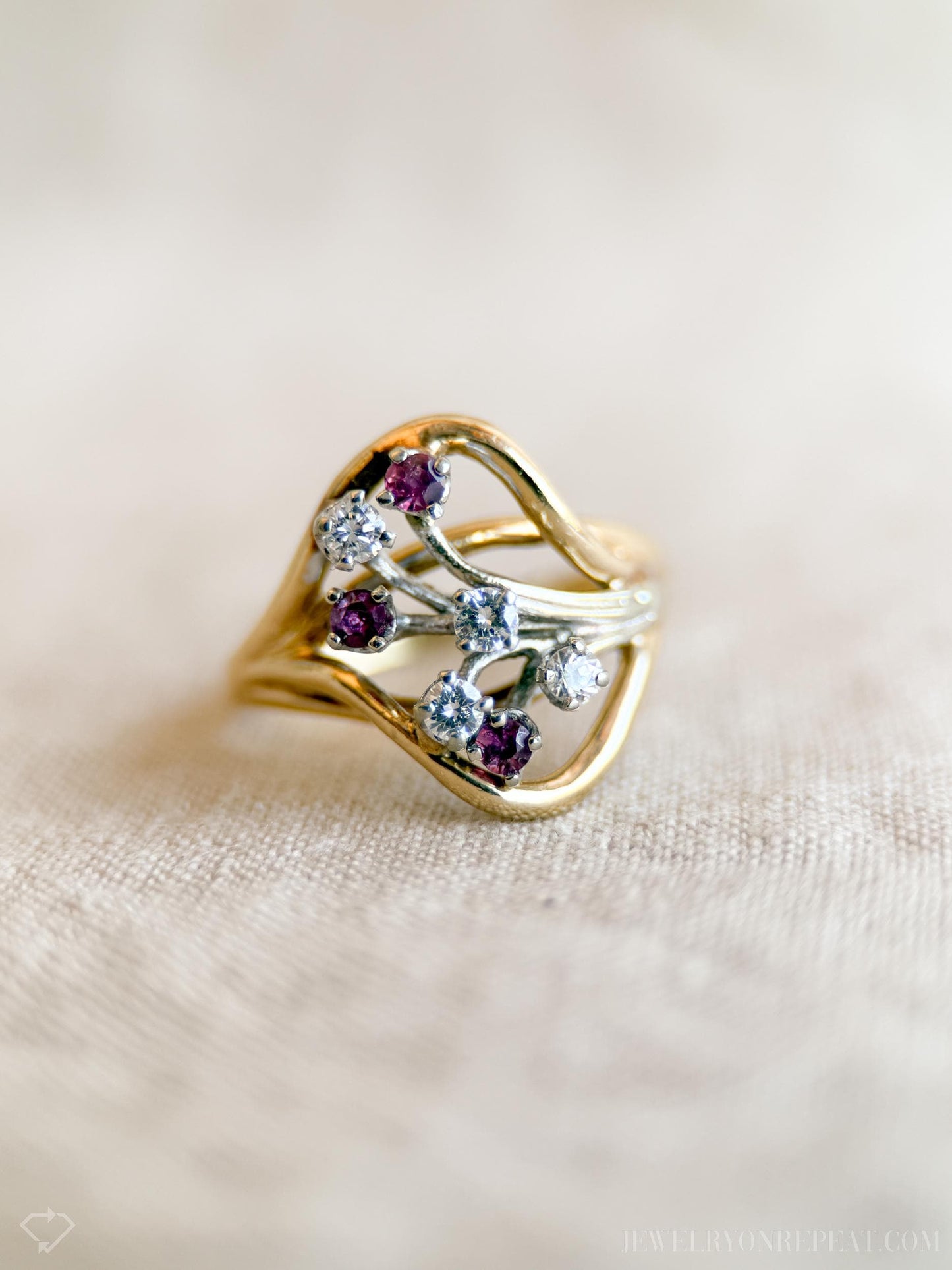 Vintage Diamond & Ruby Engagement Ring, Round Cut, 14k Gold, 1960s Cluster Bridal Ring