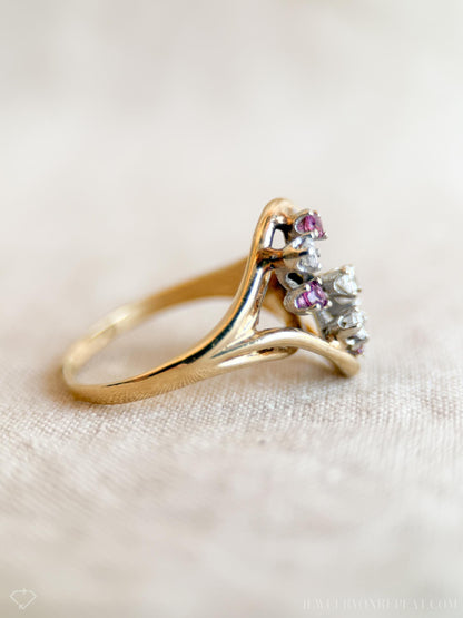 Vintage Diamond & Ruby Engagement Ring, Round Cut, 14k Gold, 1960s Cluster Bridal Ring