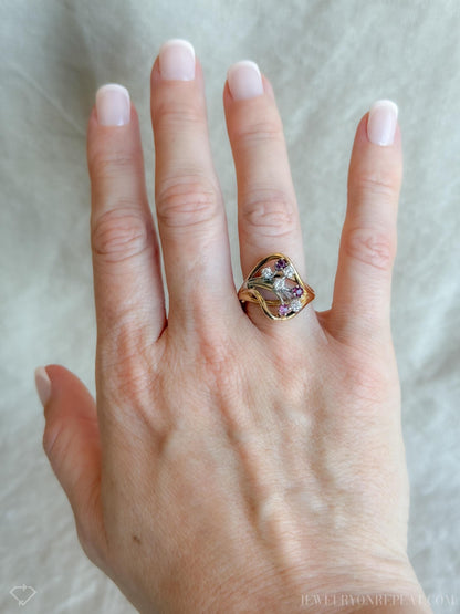 Vintage Diamond & Ruby Engagement Ring, Round Cut, 14k Gold, 1960s Cluster Bridal Ring