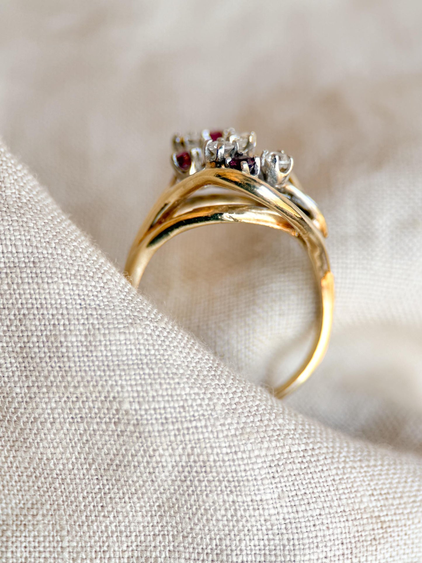 Vintage Diamond & Ruby Engagement Ring, Round Cut, 14k Gold, 1960s Cluster Bridal Ring