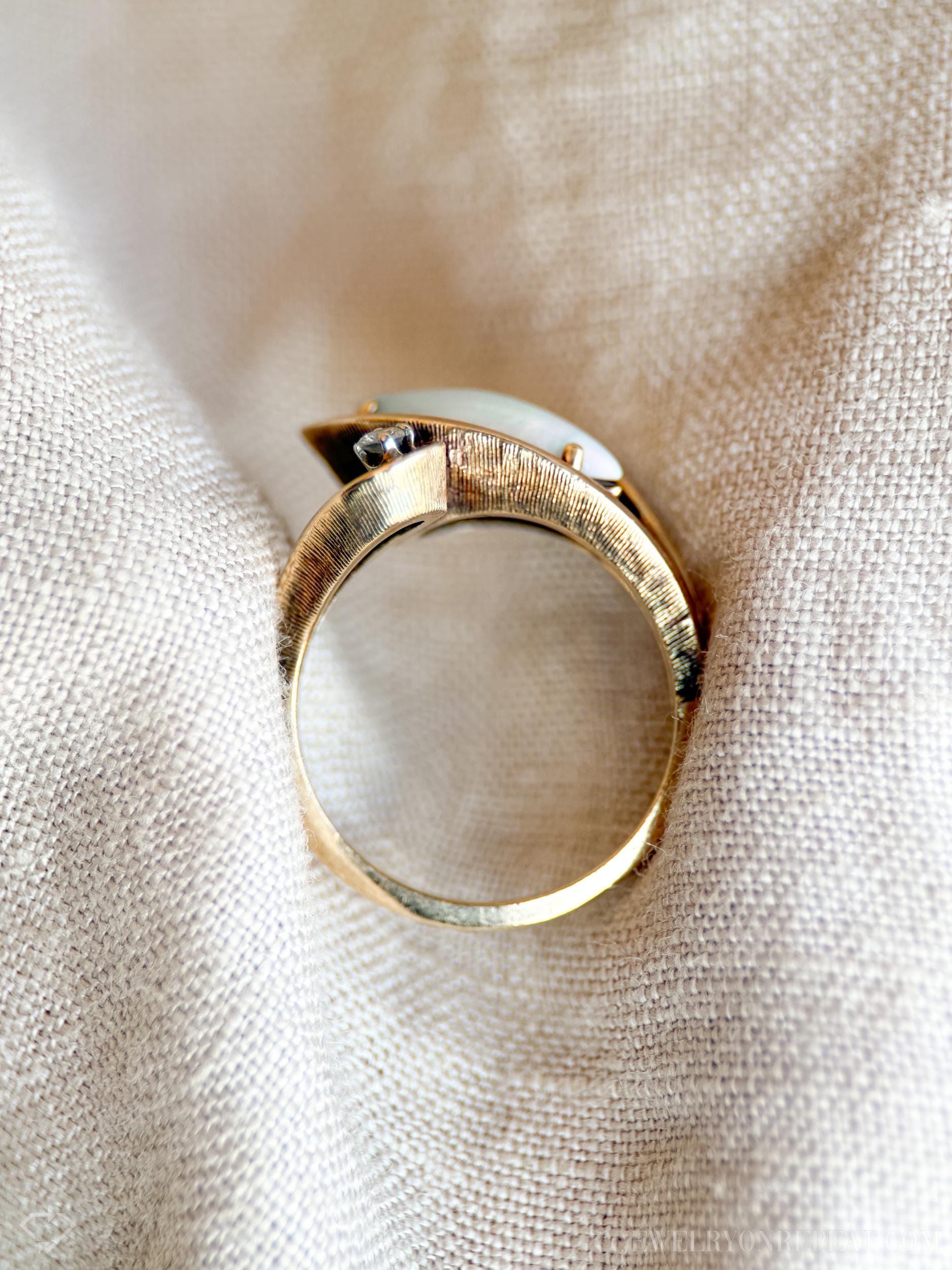 Vintage 1970s Marquise Opal & Diamond Ring in 14k Gold