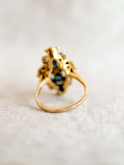Vintage Sapphire & Pearl Ring, 14k Gold, 1940s Art Nouveau Filigree Statement Ring, Gemstone Jewelry