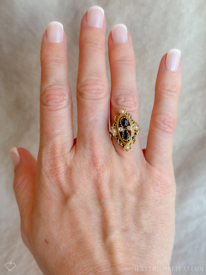 Vintage Sapphire & Pearl Ring, 14k Gold, 1940s Art Nouveau Filigree Statement Ring, Gemstone Jewelry