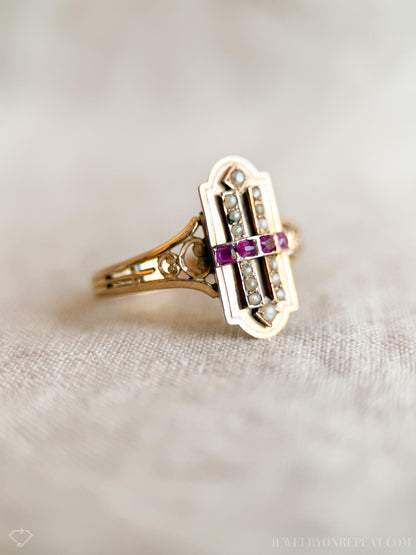 Antique 1880s Art Deco Ruby & Pearl Ring, 18k Gold