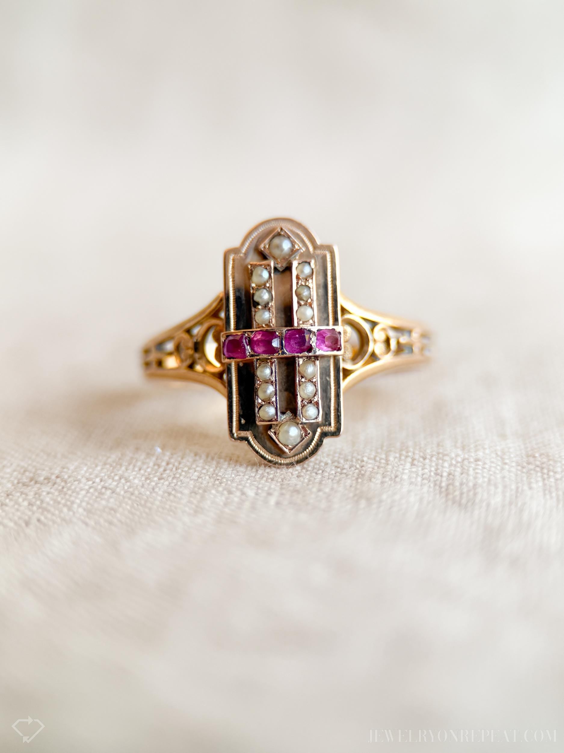 Antique 1880s Art Deco Ruby & Pearl Ring, 18k Gold