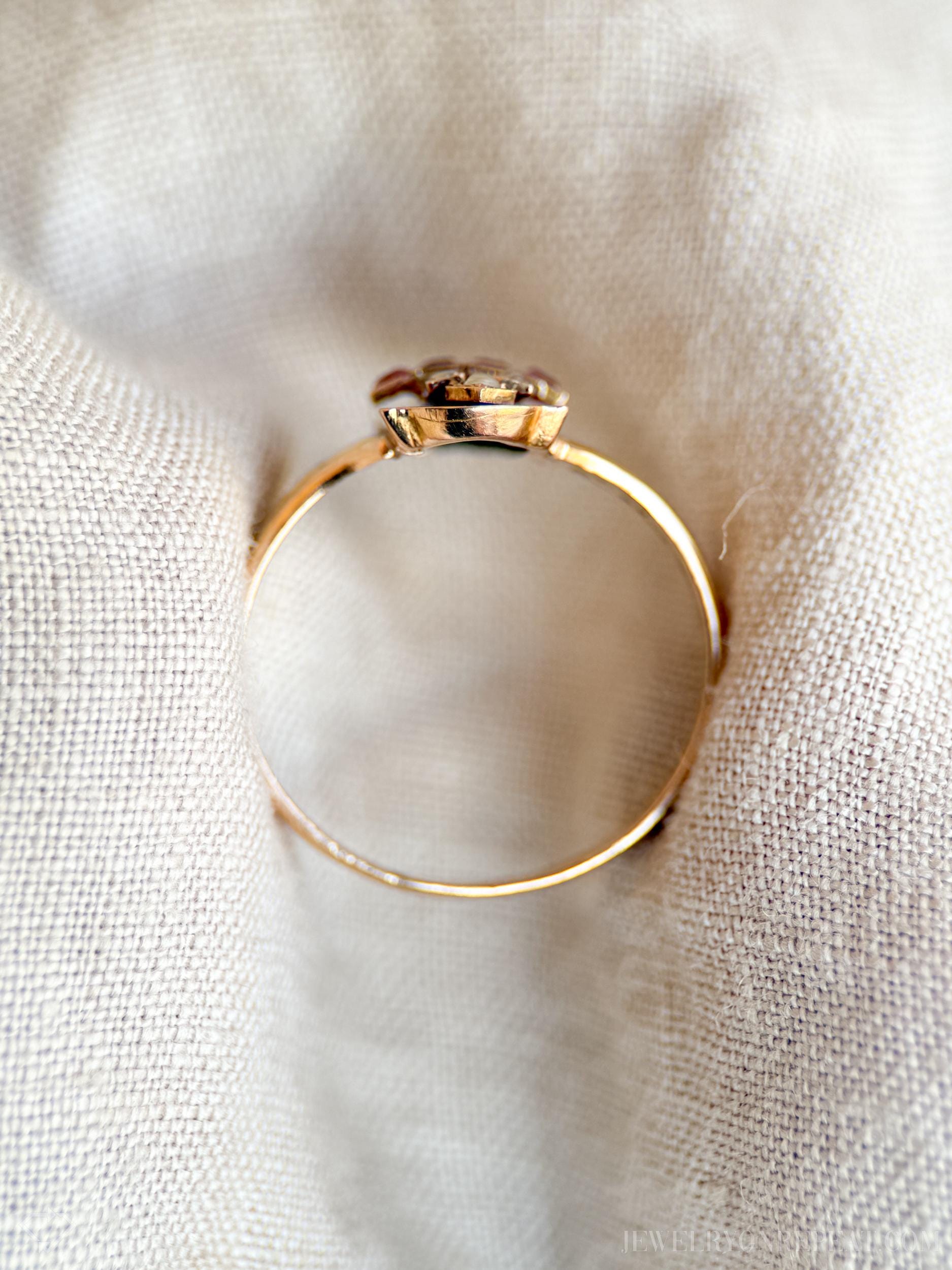 Vintage Art Deco Ruby and Pearl Ring in 18k Rose Gold, Antique Jewelry from the 1880s - Timeless, Sustainable, @JewelryOnRepeat