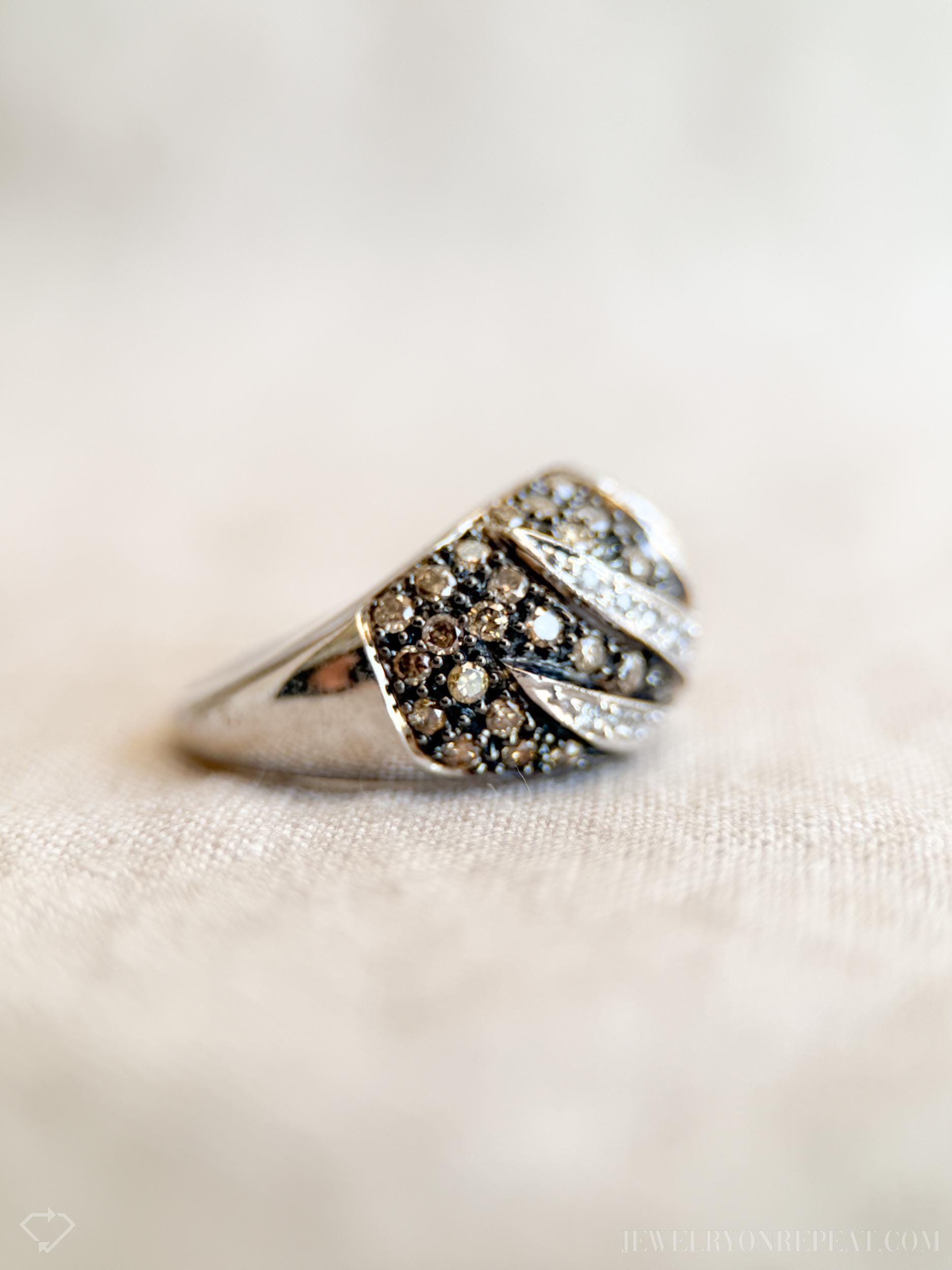 Vintage Pave Chocolate Diamond Floral Dome Ring in 10k White Gold, Antique Jewelry from the 1990s - Timeless, Sustainable, @JewelryOnRepeat