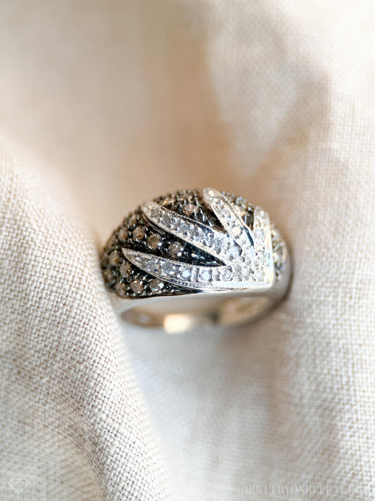 Vintage Pave Chocolate Diamond Floral Dome Ring in 10k White Gold, Antique Jewelry from the 1990s - Timeless, Sustainable, @JewelryOnRepeat