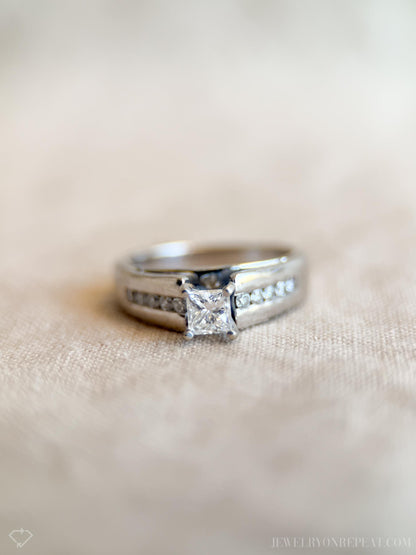 Vintage Diamond Engagement Ring, Princess Cut, 14k White Gold, 1990s Channel Set Bridal Ring