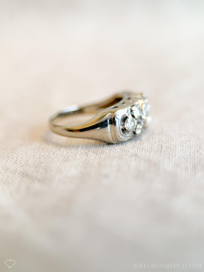 Vintage Diamond Engagement Ring, Round Cut, 14k White Gold, 1950s Mid-Century Bridal Ring