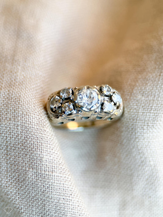 Vintage Diamond Engagement Ring, Round Cut, 14k White Gold, 1950s Mid-Century Bridal Ring