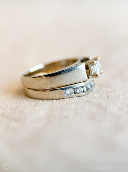 Vintage Diamond Engagement & Wedding Rings, Princess Cut, 14k White Gold, Channel Band, Bridal Set
