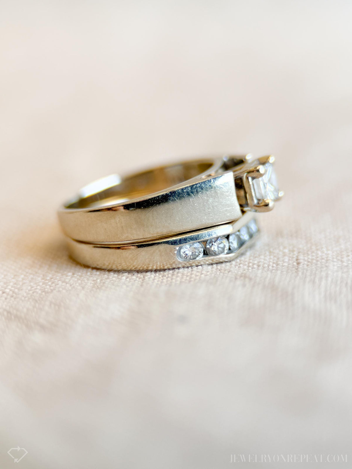 Vintage Diamond Engagement & Wedding Rings, Princess Cut, 14k White Gold, Channel Band, Bridal Set