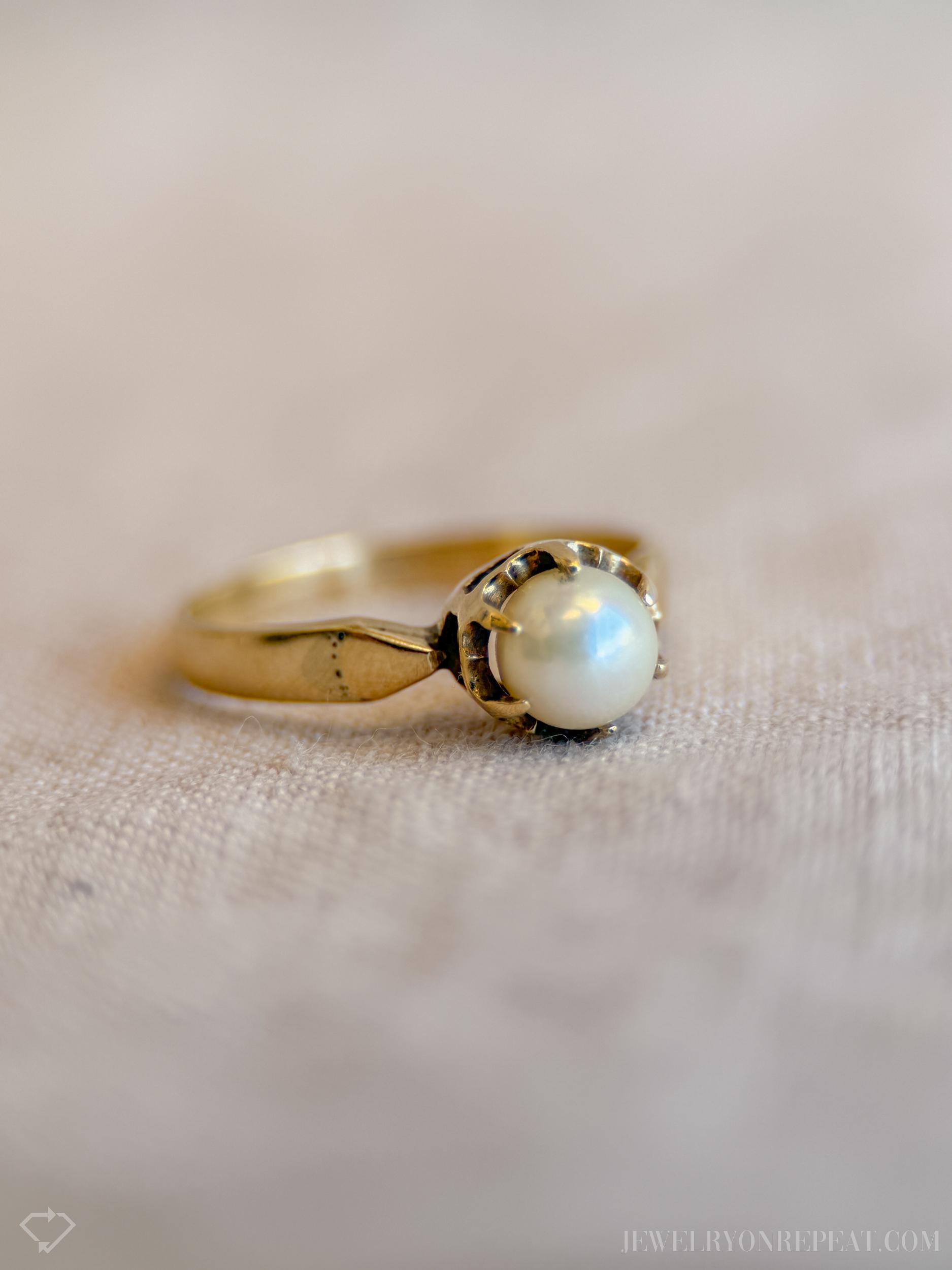 Vintage Pearl Engagement Ring, 14k Gold, 1950s Mid-Century Alternative Bridal Ring