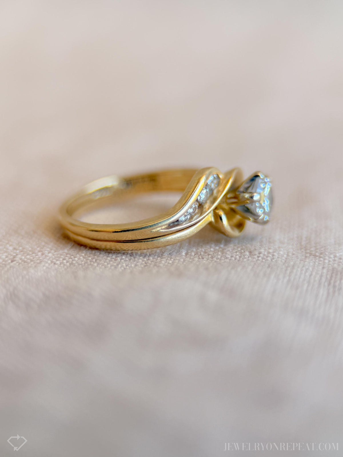 Vintage Diamond Engagement Ring, Round Cut, 14k Gold, Interlocking Swirl Channel Bridal Set