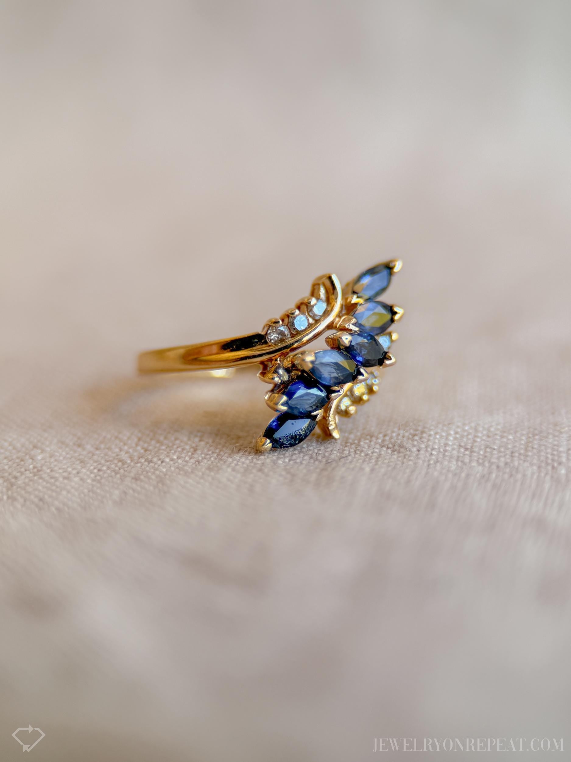 Vintage Blue Sapphire Marquise Cut Cluster Gemstone Ring in 14k Gold, Retro 1970s Jewelry - Timeless, Sustainable, @JewelryOnRepeat