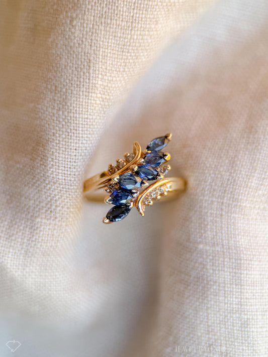 Vintage Blue Sapphire Marquise Cut Cluster Gemstone Ring in 14k Gold, Retro 1970s Jewelry - Timeless, Sustainable, @JewelryOnRepeat