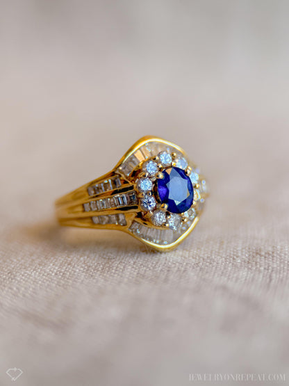 Vintage Oval Sapphire and Diamond Halo Engagement Ring, 18k Gold, Baguette Channel Bridal Ring