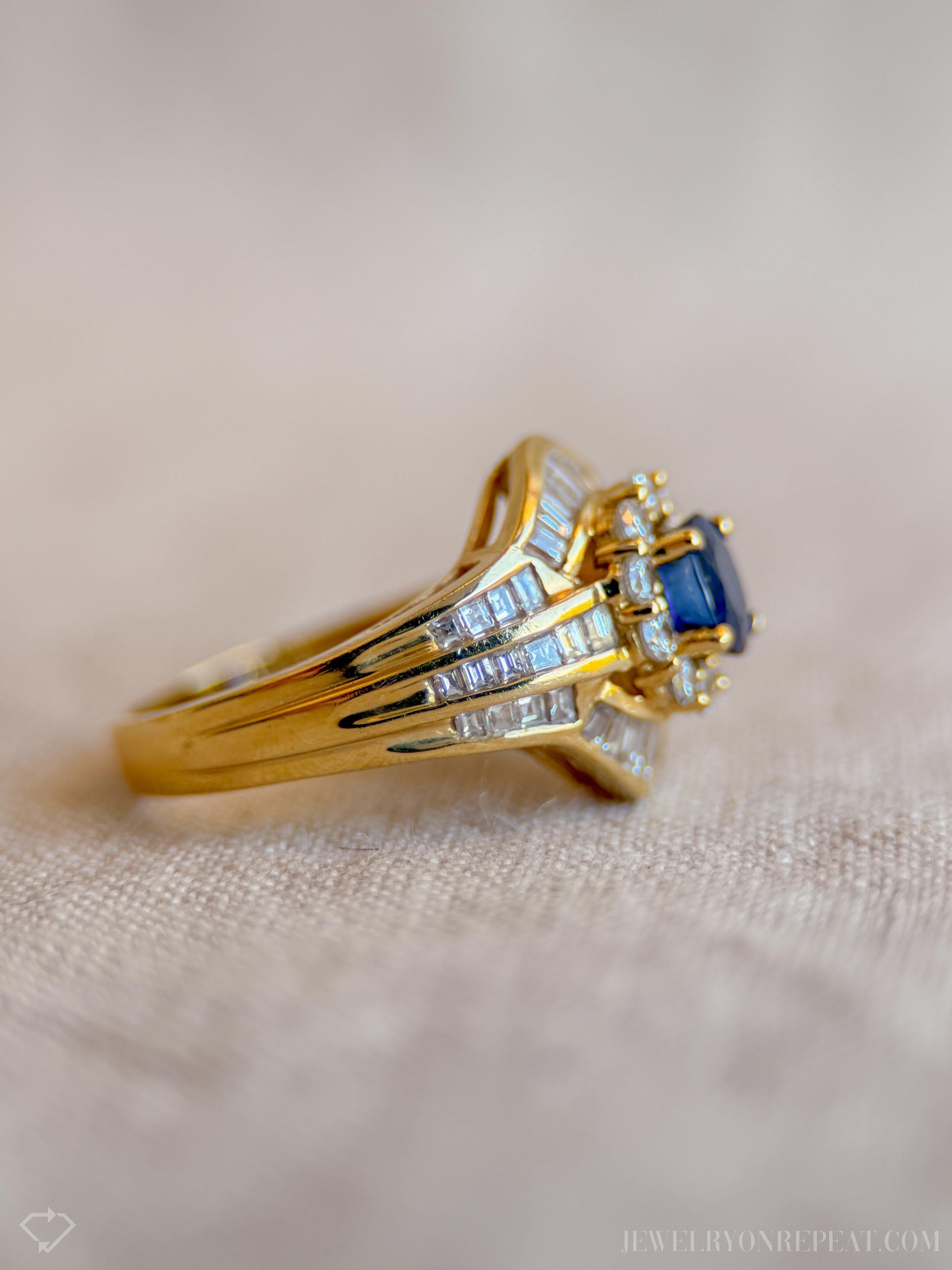 Vintage Oval Sapphire and Diamond Halo Engagement Ring, 18k Gold, Baguette Channel Bridal Ring