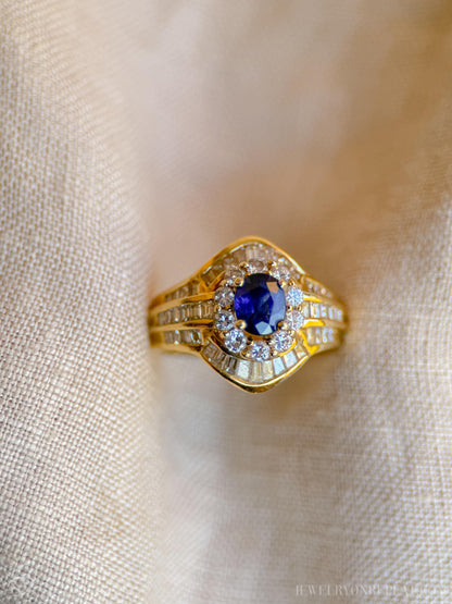Vintage Oval Sapphire and Diamond Halo Engagement Ring, 18k Gold, Baguette Channel Bridal Ring