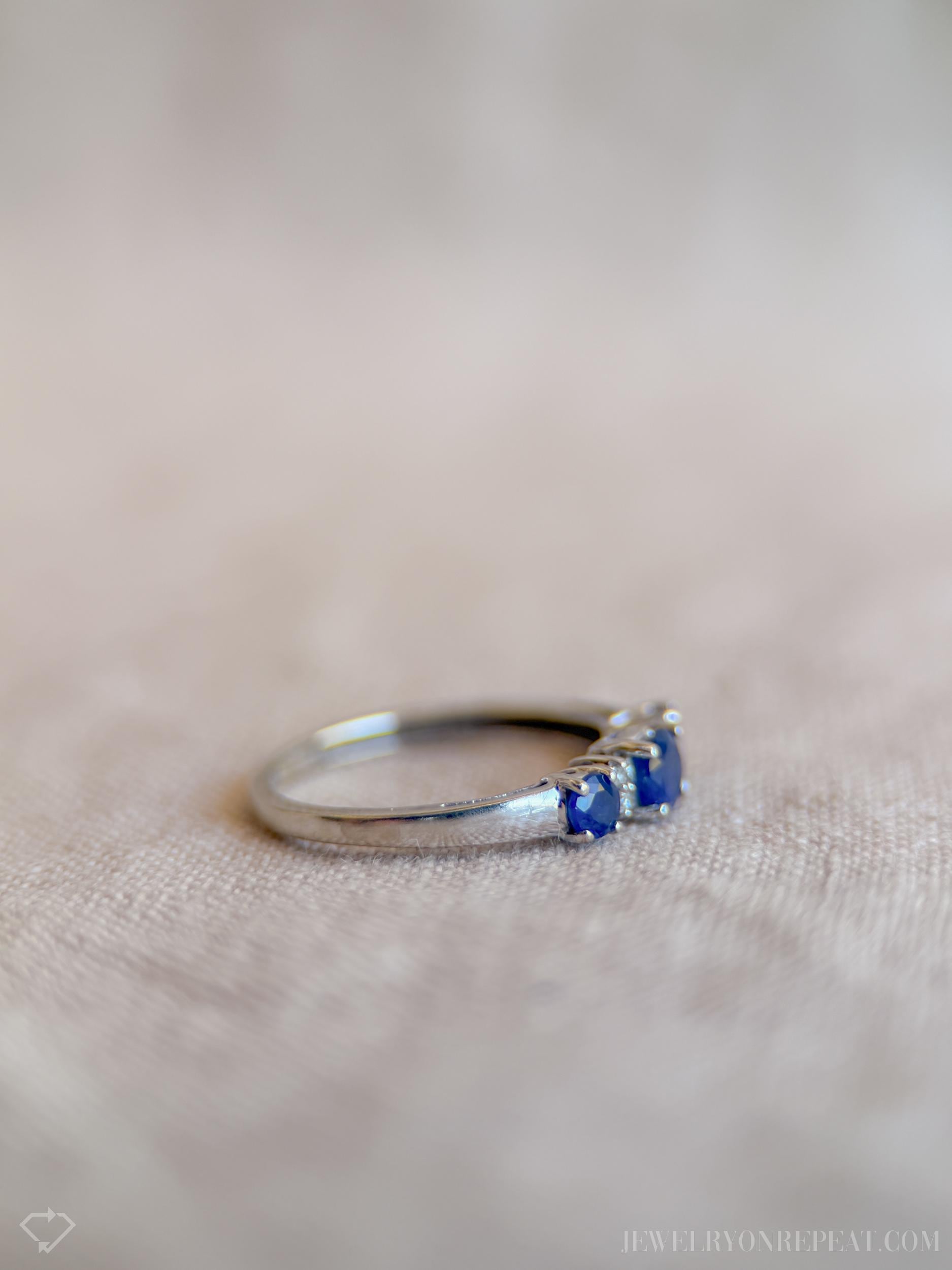 Vintage Three Stone Blue Sapphire Ring in 14k White Gold, Retro Jewelry from the 1990s - Timeless, Sustainable, @JewelryOnRepeat