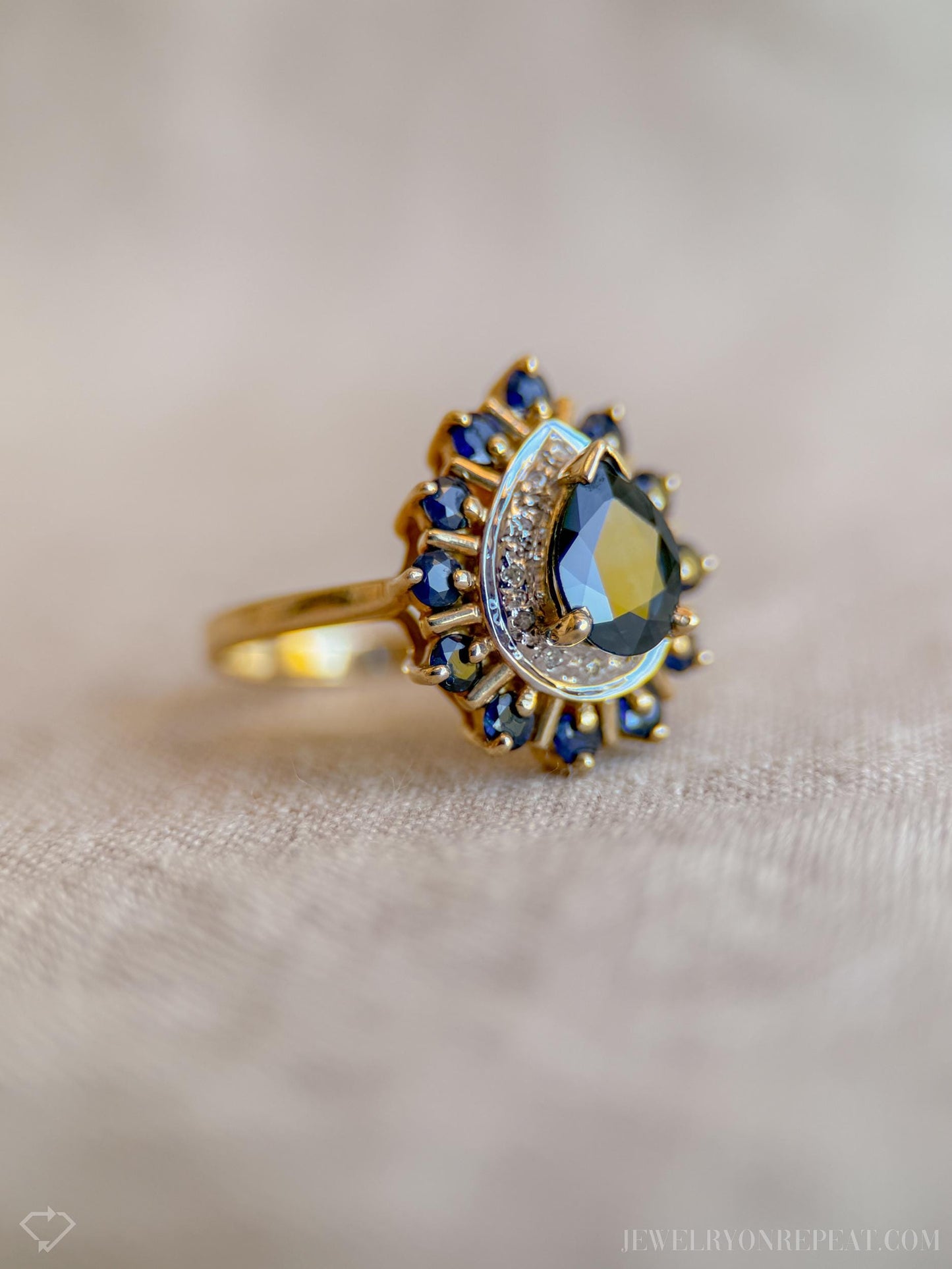 Vintage 1990s Pear Cut Sapphire & Diamond Ring, 10k Gold