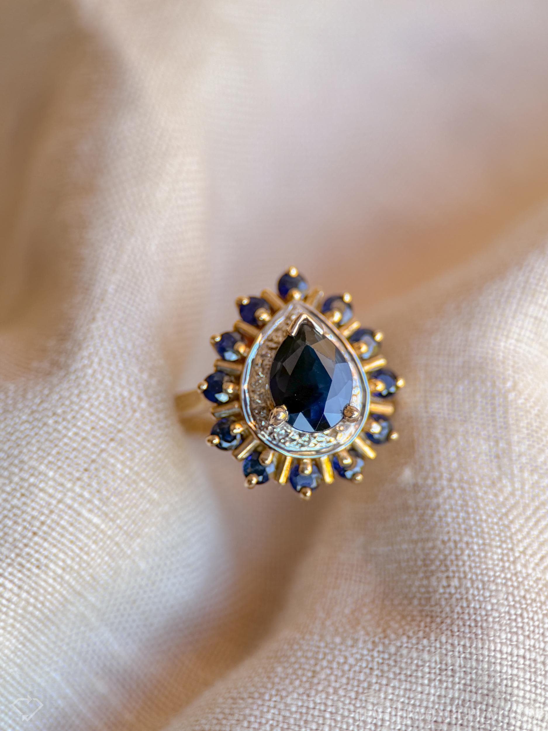 Vintage 1990s Pear Cut Sapphire & Diamond Ring, 10k Gold