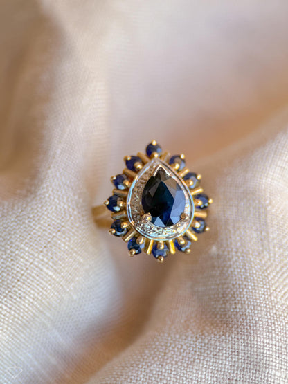 Vintage 1990s Pear Cut Sapphire & Diamond Ring, 10k Gold