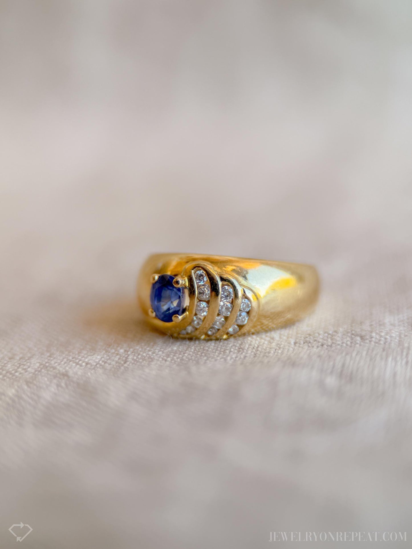 Vintage Sapphire and Diamond Ring, 18k Gold, Oval Sapphire Statement Band, Asymmetrical Wave