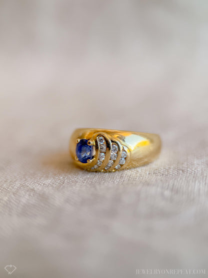 Vintage Sapphire and Diamond Ring, 18k Gold, Oval Sapphire Statement Band, Asymmetrical Wave