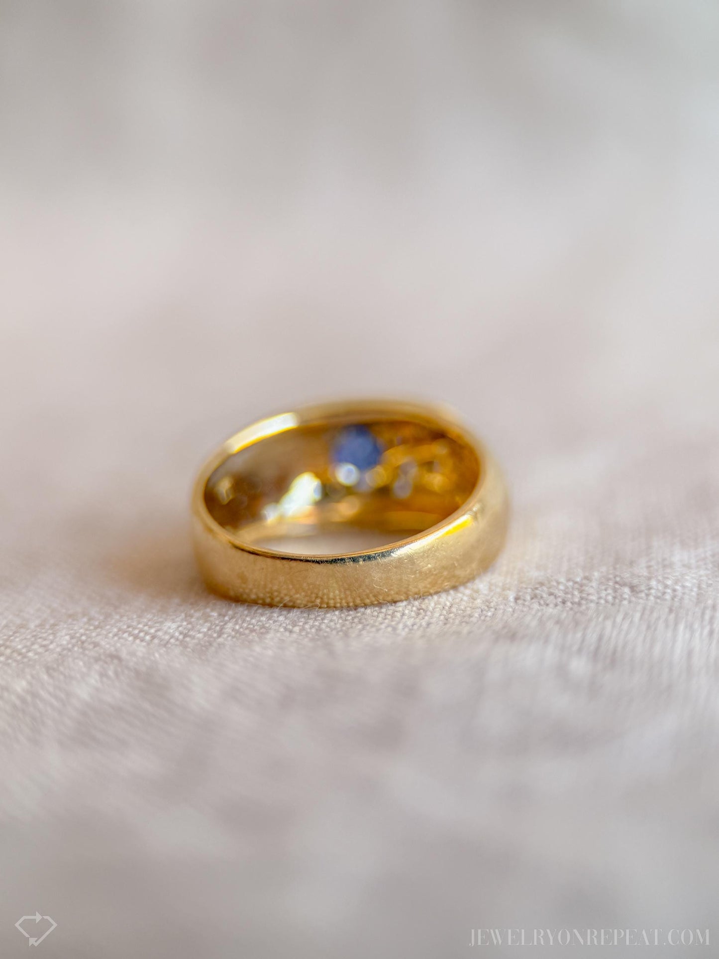 Vintage Sapphire and Diamond Ring, 18k Gold, Oval Sapphire Statement Band, Asymmetrical Wave