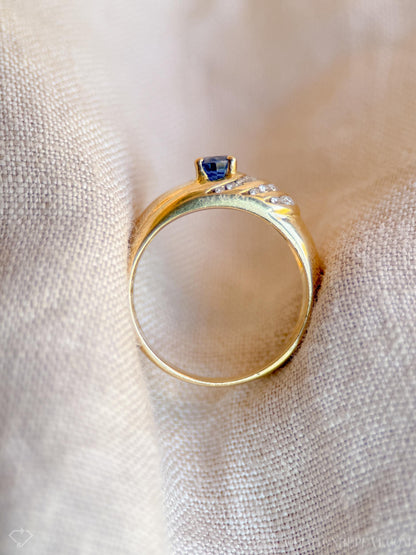 Vintage Sapphire and Diamond Ring, 18k Gold, Oval Sapphire Statement Band, Asymmetrical Wave