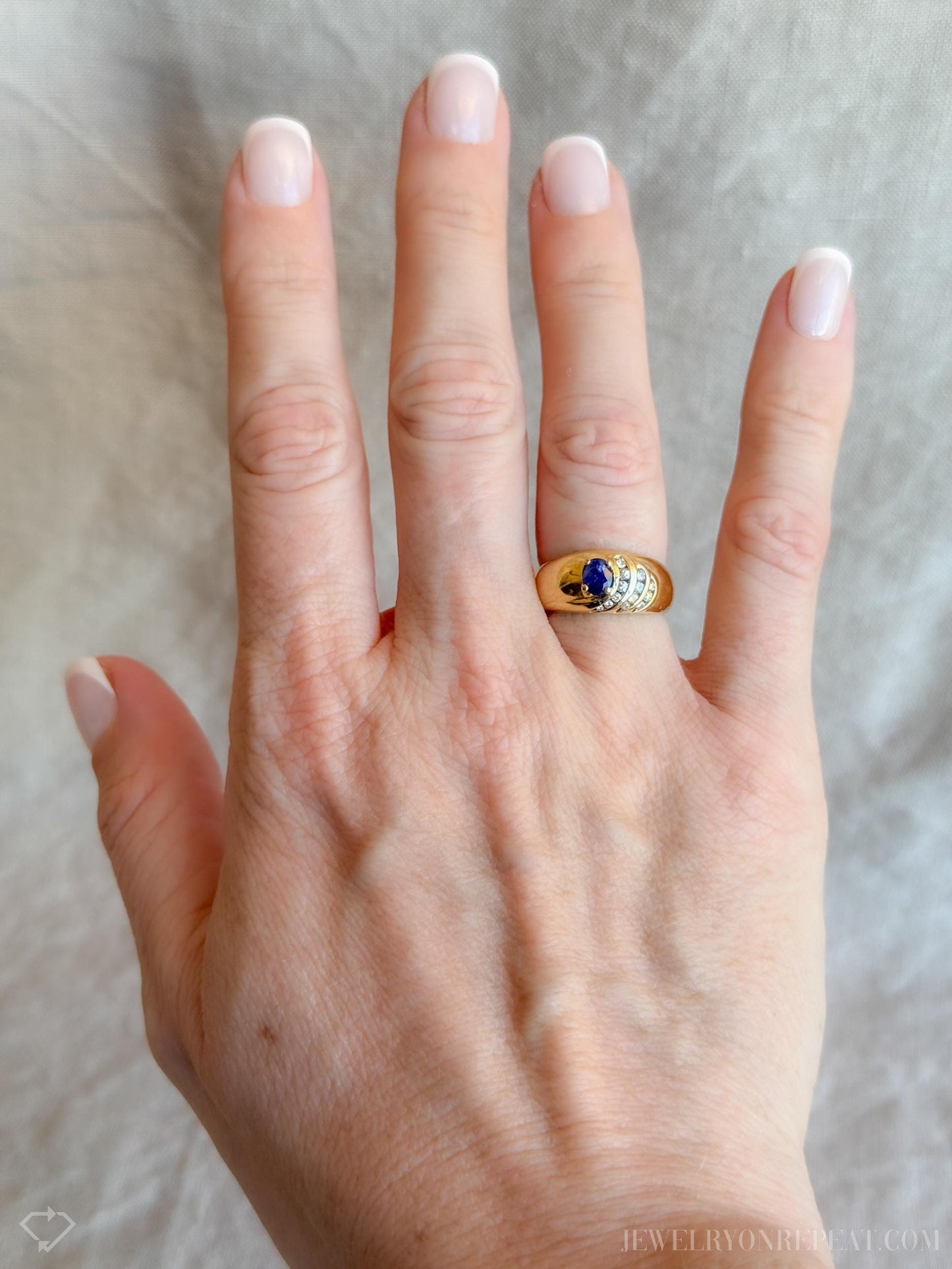 Vintage Sapphire and Diamond Ring, 18k Gold, Oval Sapphire Statement Band, Asymmetrical Wave