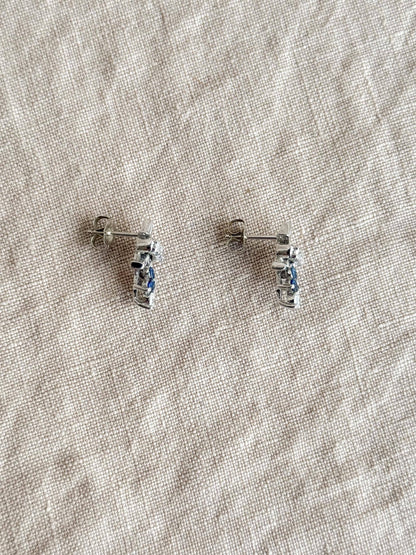 Vintage Diamond and Sapphire Earrings, 14k White Gold, Fleur De Lis Dangle Studs