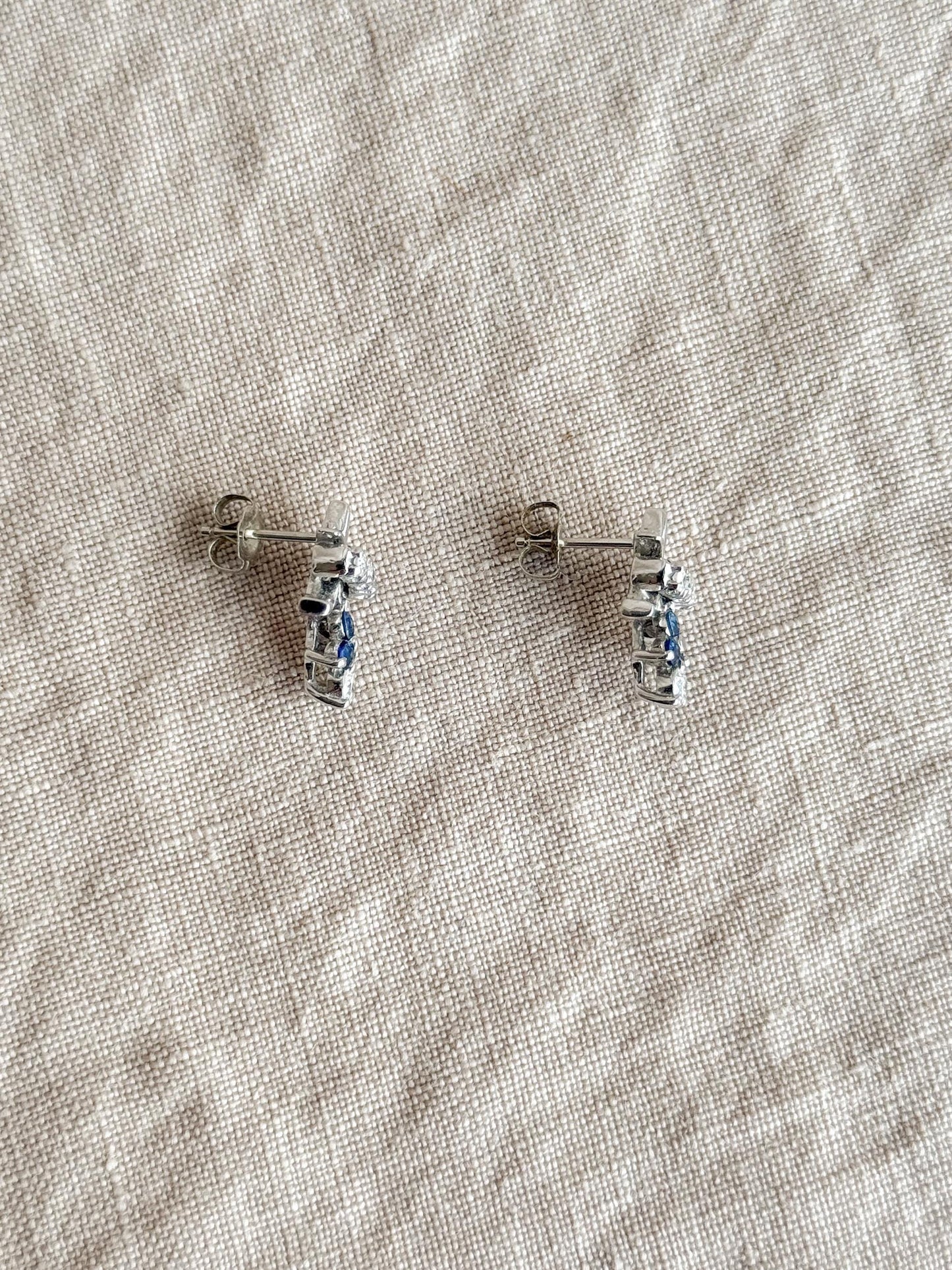 Vintage Diamond and Sapphire Earrings, 14k White Gold, Fleur De Lis Dangle Studs