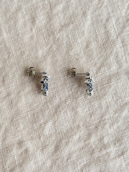 Vintage Diamond and Sapphire Earrings, 14k White Gold, Fleur De Lis Dangle Studs