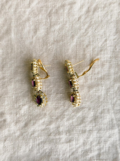 Vintage Ruby and Diamond Earrings, 14k Gold, Oval Halo Dangle Earrings, Gift for Her