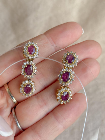 Vintage Ruby and Diamond Earrings, 14k Gold, Oval Halo Dangle Earrings, Gift for Her