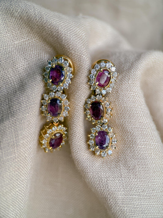 Vintage Ruby and Diamond Earrings, 14k Gold, Oval Halo Dangle Earrings, Gift for Her