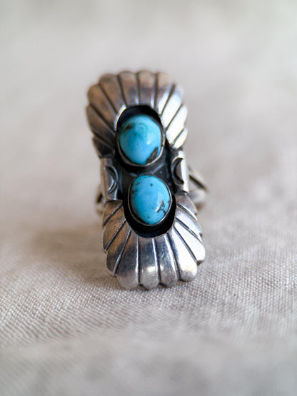 Vintage Sterling Silver Turquoise Double Feather Statement Ring, Boho Artisan Jewelry