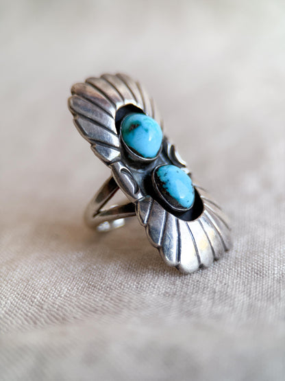 Vintage Sterling Silver Turquoise Double Feather Statement Ring, Boho Artisan Jewelry