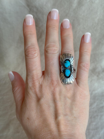 Vintage Sterling Silver Turquoise Double Feather Statement Ring, Boho Artisan Jewelry