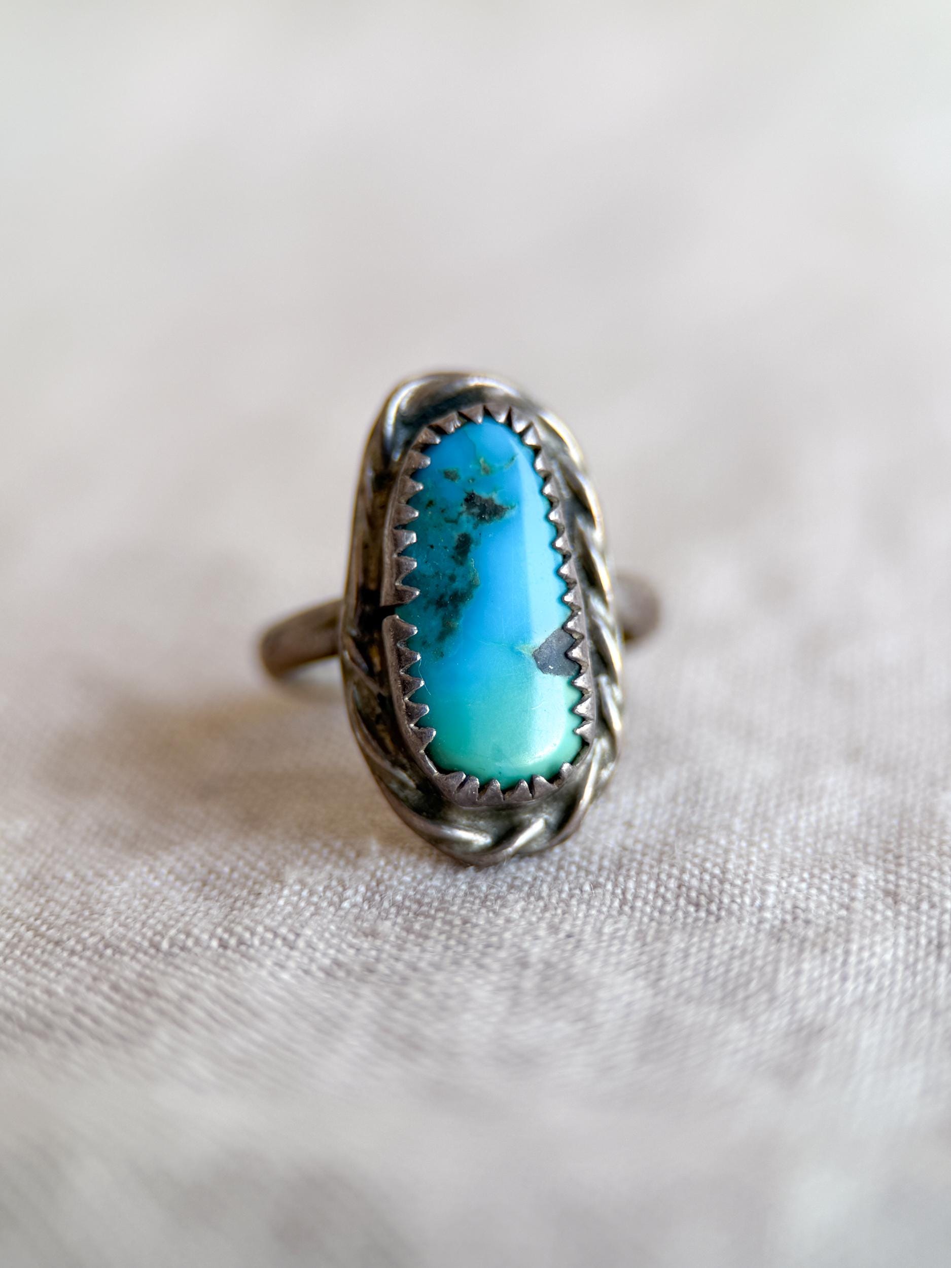 Vintage Turquoise Sterling Silver Oval Statement Ring, Boho Artisan Jewelry
