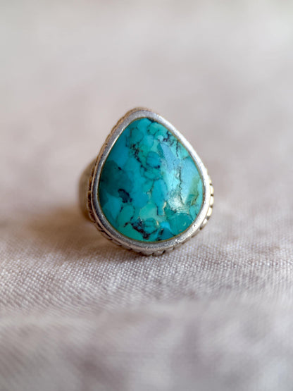 Vintage Turquoise Pear Statement Ring, Sterling Silver Boho Artisan Jewelry