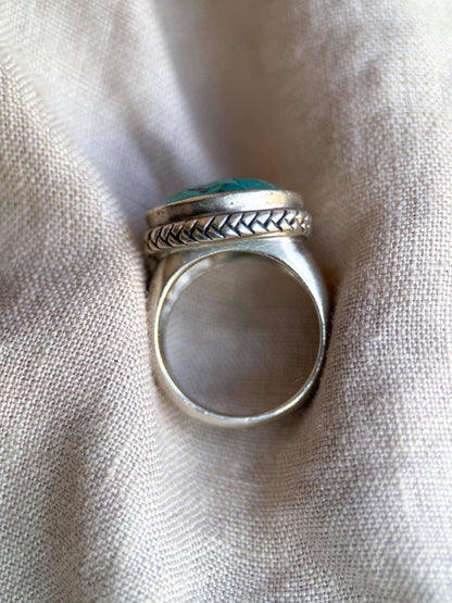 Vintage Turquoise Pear Statement Ring, Sterling Silver Boho Artisan Jewelry