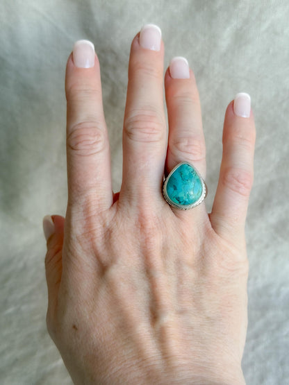 Vintage Turquoise Pear Statement Ring, Sterling Silver Boho Artisan Jewelry