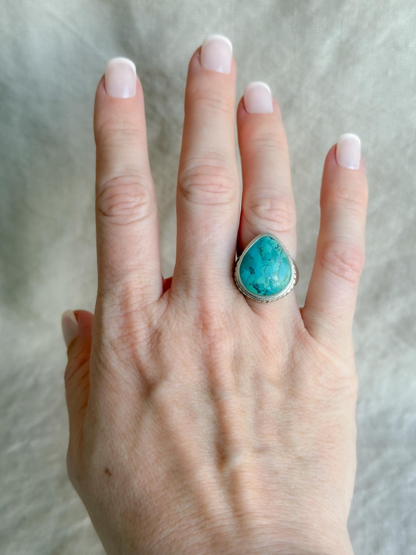 Vintage Turquoise Pear Statement Ring, Sterling Silver Boho Artisan Jewelry